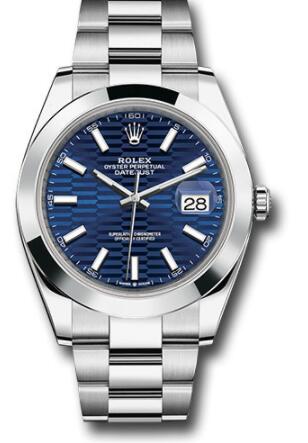 Replica Rolex Oystersteel Datejust 41 Watch 126300 Smooth Bezel Bright Blue Fluted Motif Index Dial Oyster Bracelet - Click Image to Close